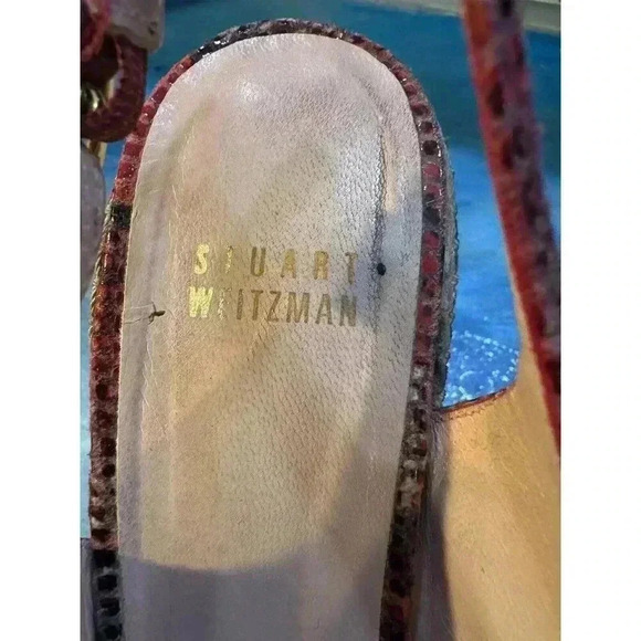 Stuart Weitzman Women’s 6.5 Red Snakeskin Peep Toe Sling Back Cork Wedge Heels - Picture 5 of 11
